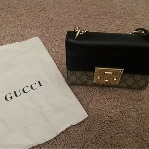 Authentic Gucci black small GG padlock chain bag.